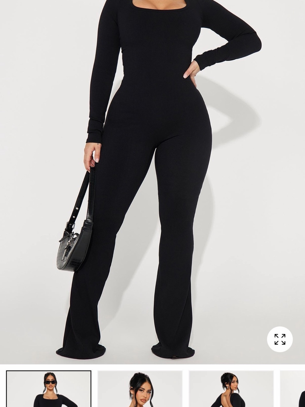 Fashion Nova Black Ribbed Long-Sleeve Jumpsuit